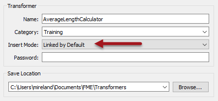 Filling out the dialog to export the custom transformer